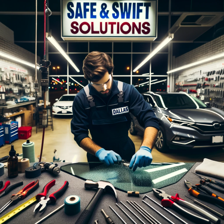Professional technician at 'Safe & Swift Solutions' in Dallas meticulously repairing auto glass surrounded by specialized tools.