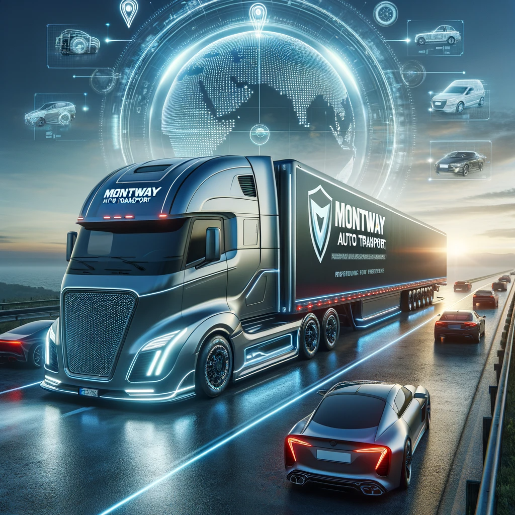 Futuristic Montway Auto Transport semi-truck on highway with modern cars and digital map in the background at dawn.