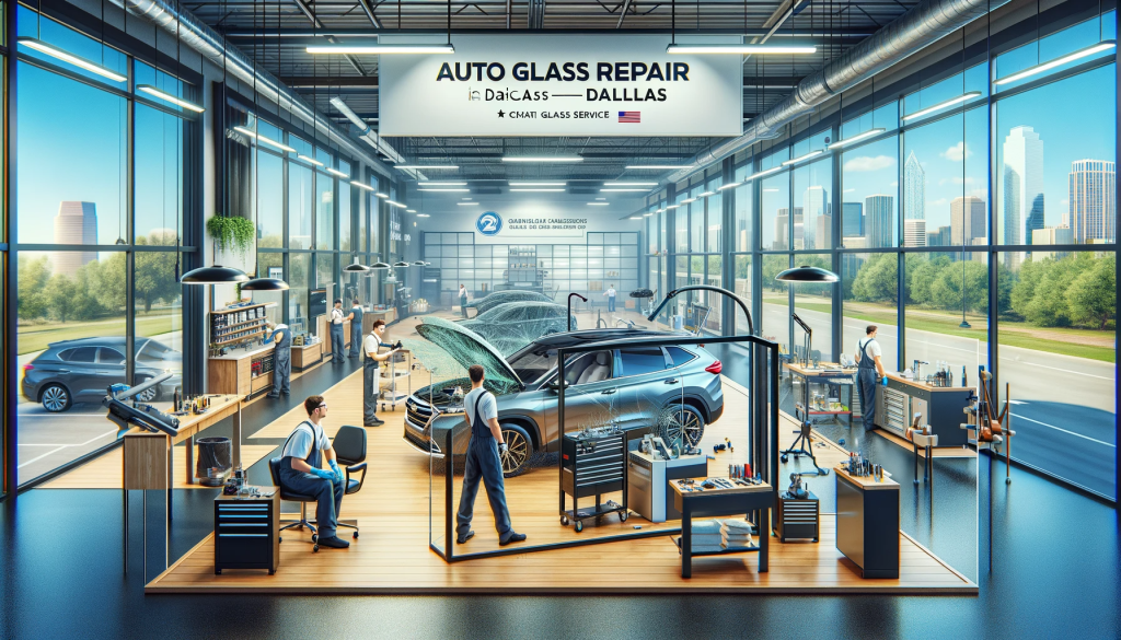 Professional auto glass repair shop in Dallas, featuring a well-organized workspace with modern equipment and a vehicle undergoing windshield repair, serviced by skilled technicians in uniforms, against a customer-friendly shop environment.