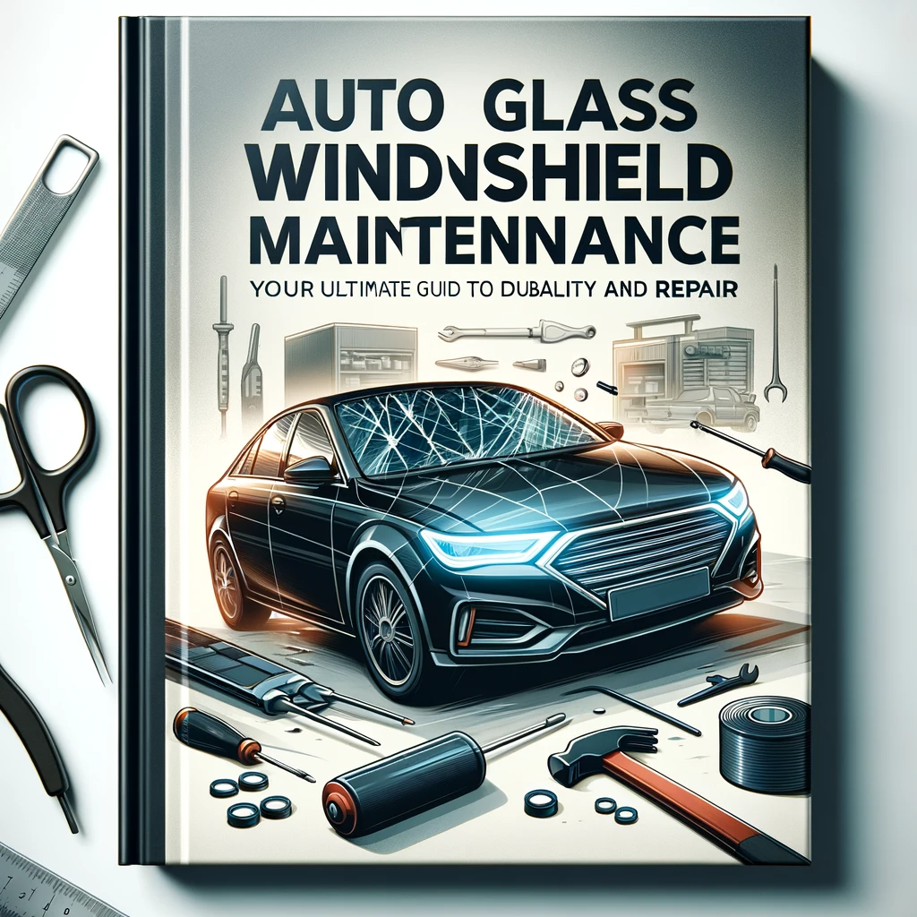 Book cover showcasing a car with a clear windshield, surrounded by windshield repair tools, titled 'Auto Glass Windshield Maintenance'.